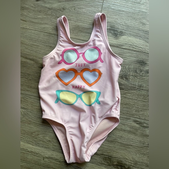 18-24 pink one piece swimsuit. old Navy. Sunglasses pattern. “Just happy” - Picture 4 of 7